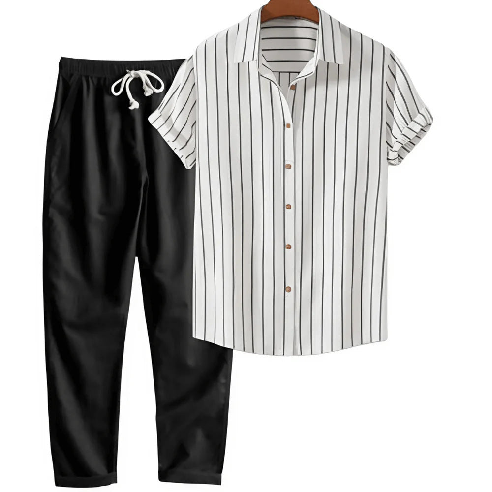 The Amalfi Set - Striped bamboo-blend shirt with matching drawstring trousers