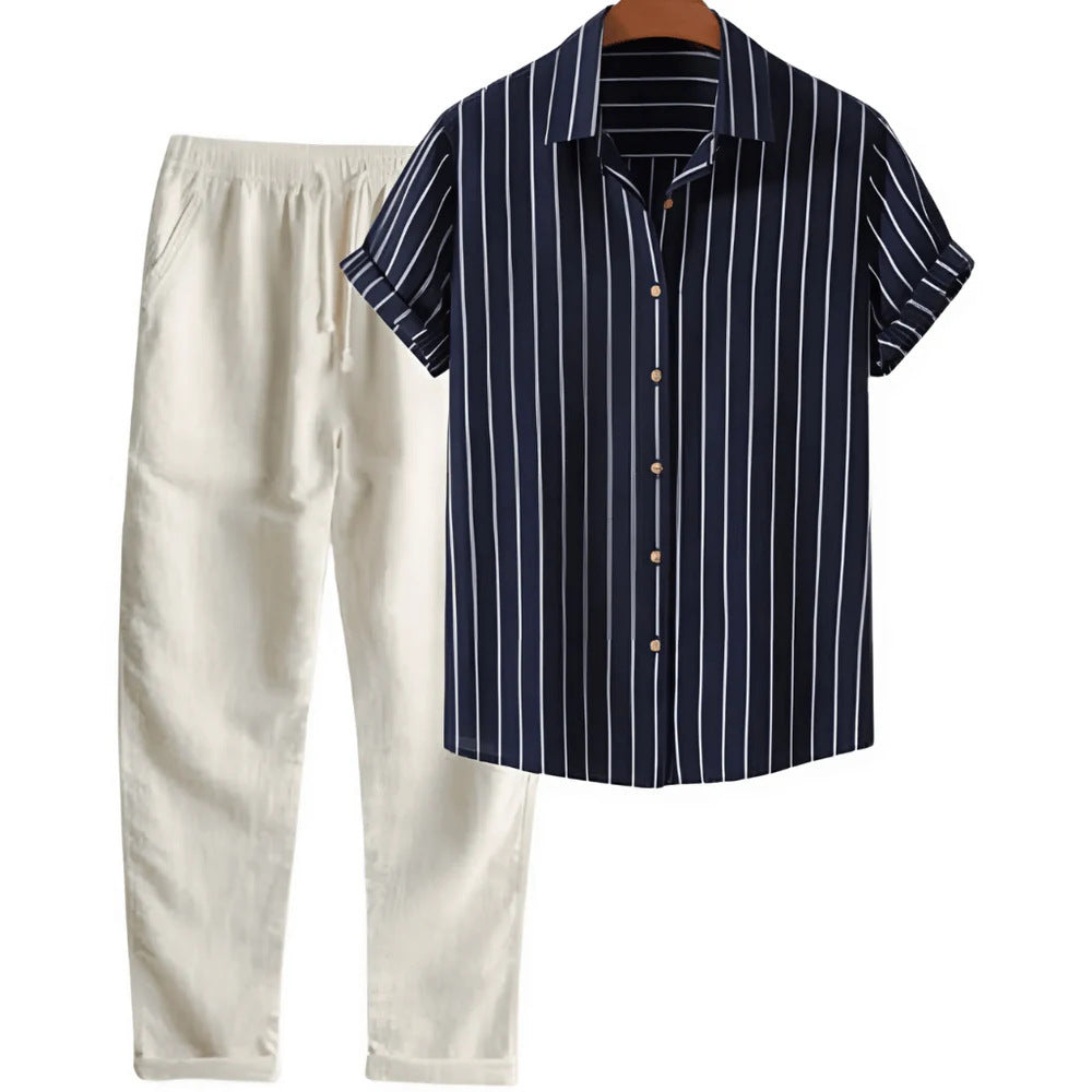 The Amalfi Set - Striped bamboo-blend shirt with matching drawstring trousers