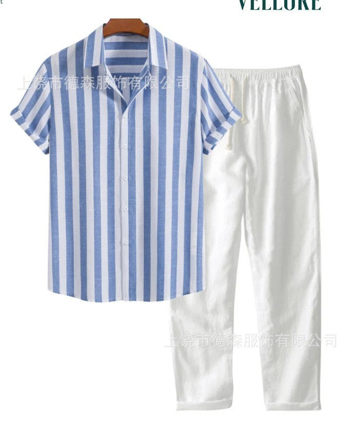 The Amalfi Set - Striped bamboo-blend shirt with matching drawstring trousers