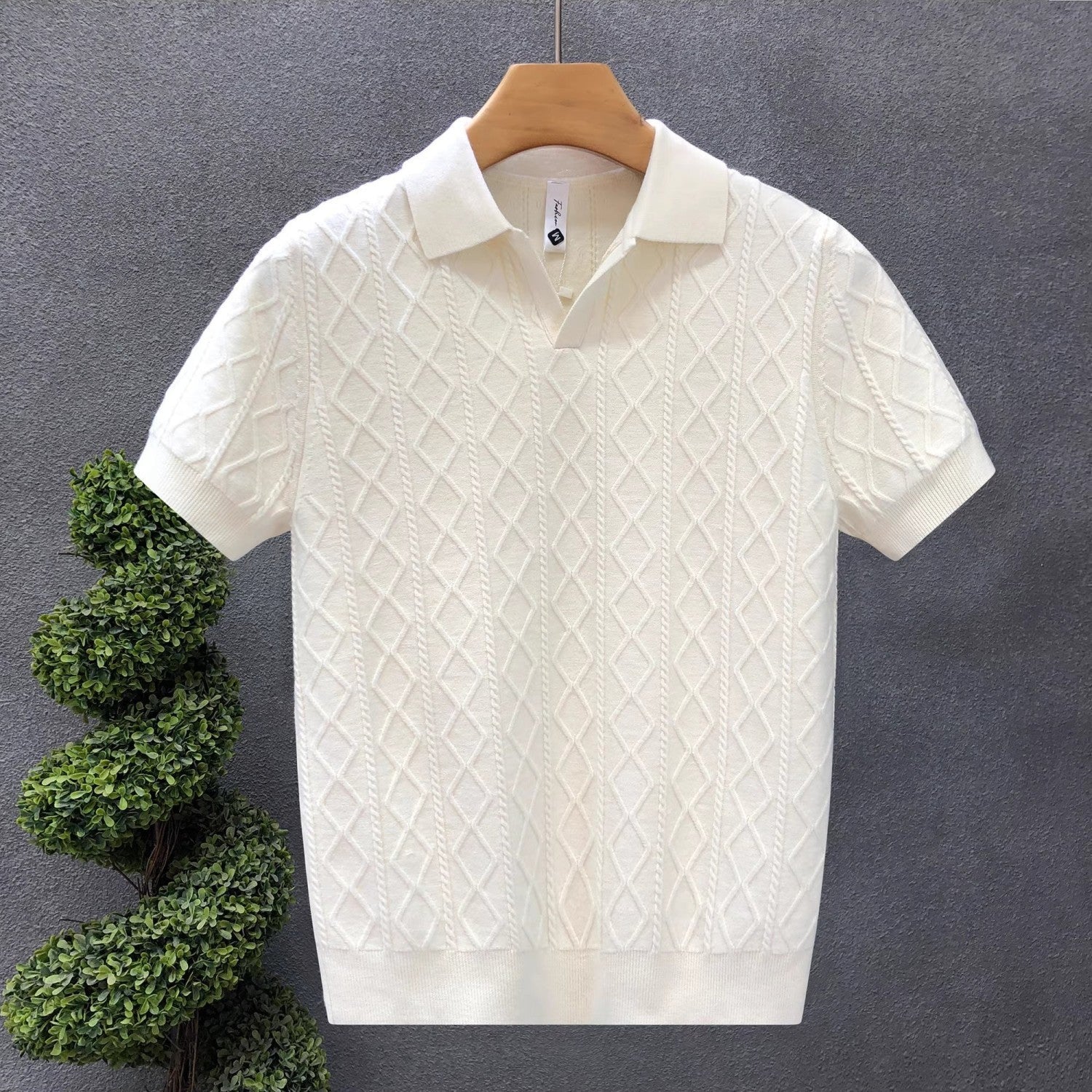 The Whitfield Polo - a richly textured cable-knit polo with a zip placket V-neck