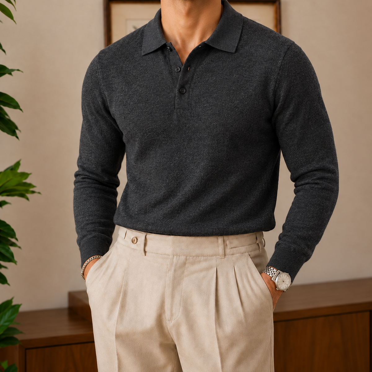 The Aldridge Hooded Sweater in Charcoal with cream trousers