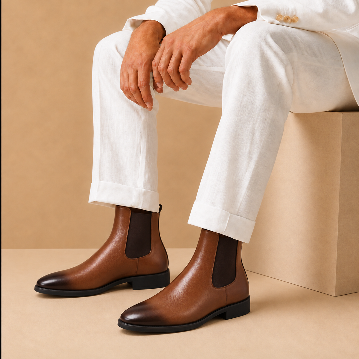 The Harlow Chelsea Boot in Brown worn with white trousers
