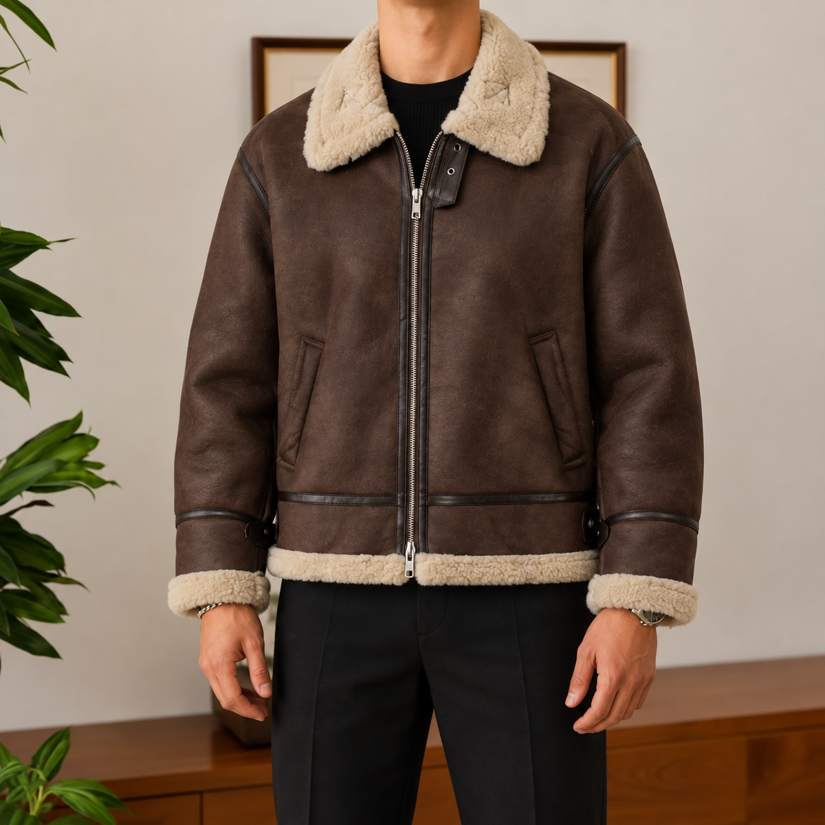 The Stratton Stand-Collar Coat in Chestnut, men's zip-front winter coat worn on model