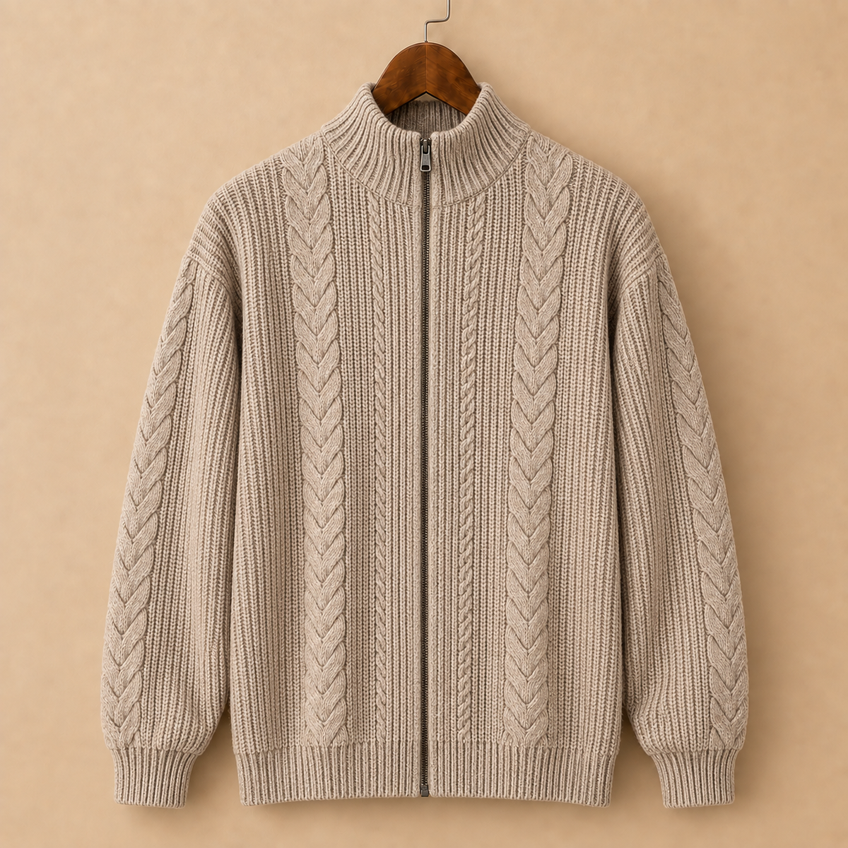 The Thornbury Zip Cardigan in Stone on a hanger