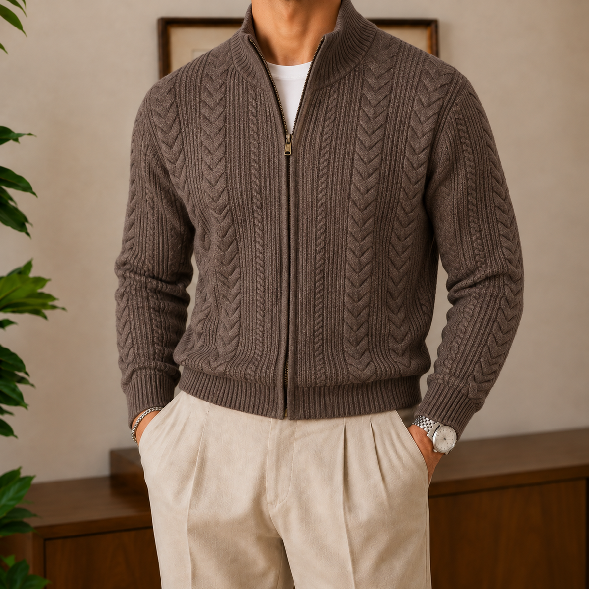 The Thornbury Zip Cardigan in Chestnut worn on model