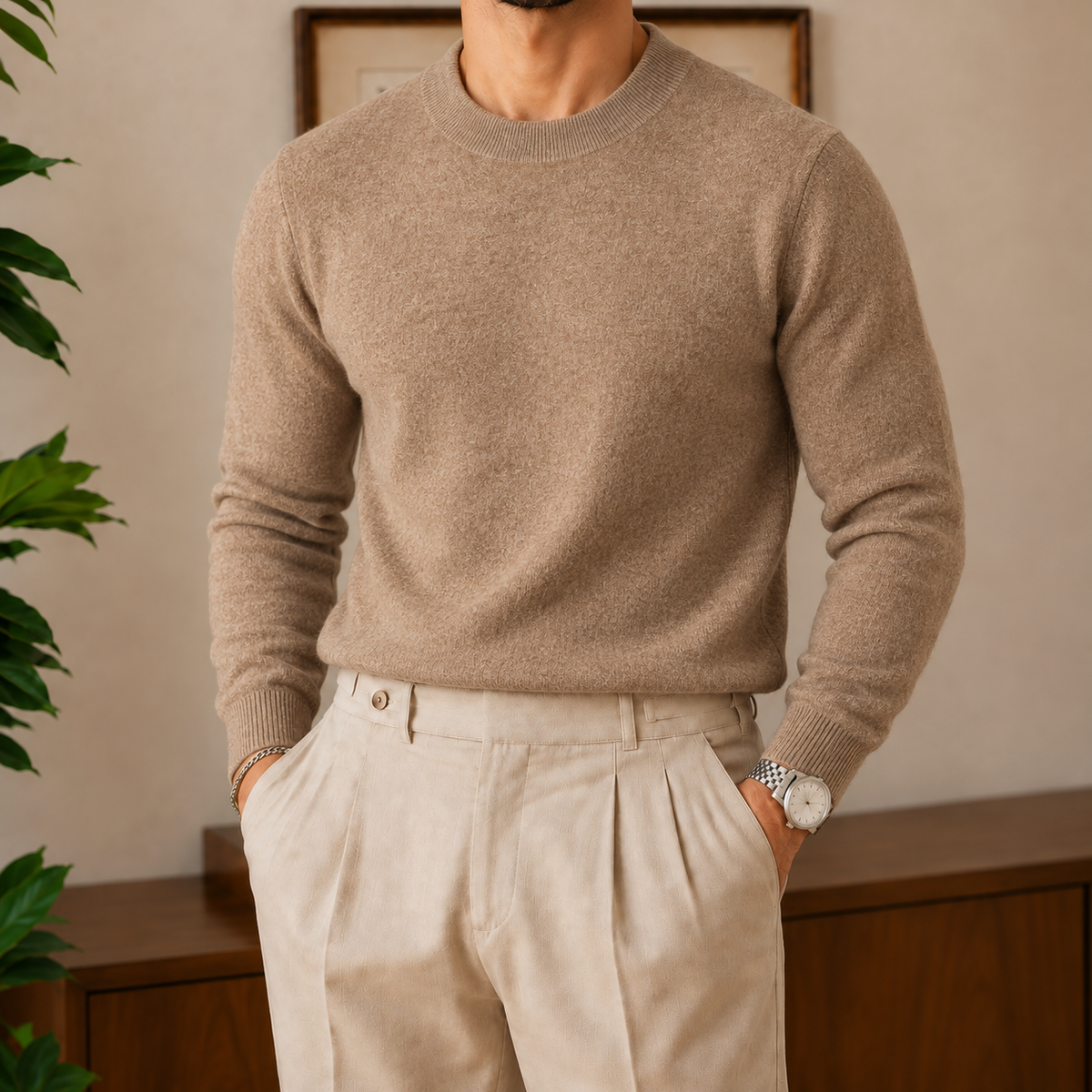 The Alderley Wool Sweater in Camel worn on model