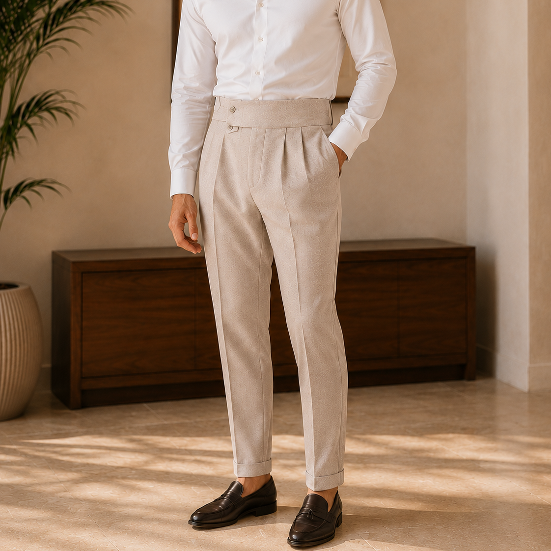 The Bergamo Trouser - Slim straight-leg tailoring with a micro-stretch waistband and non-iron finish
