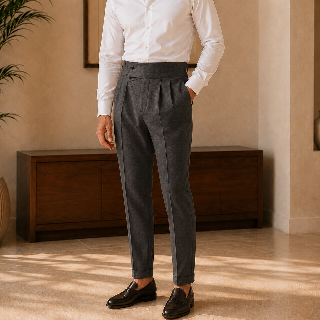 The Bergamo Trouser - Slim straight-leg tailoring with a micro-stretch waistband and non-iron finish