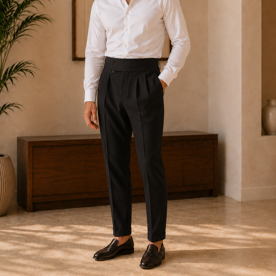 The Bergamo Trouser - Slim straight-leg tailoring with a micro-stretch waistband and non-iron finish