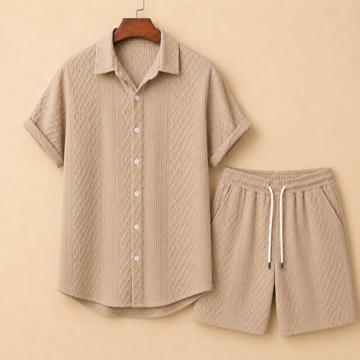 The Cassius Set - Diamond-jacquard weave shirt with matching drawstring shorts