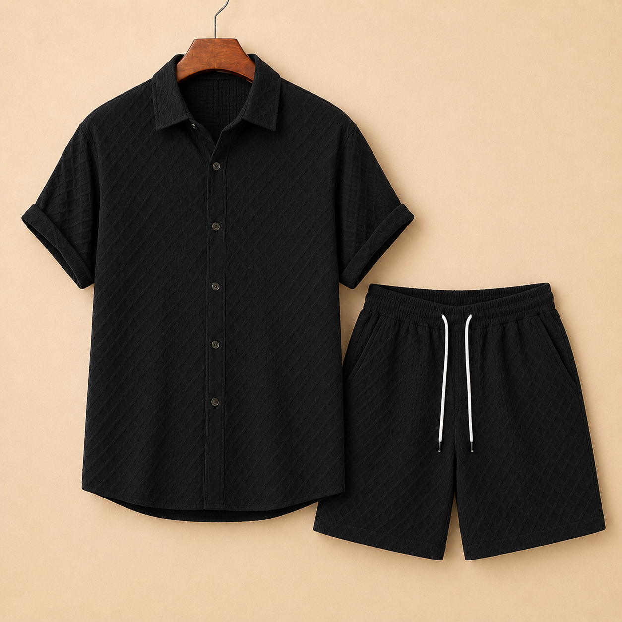 The Cassius Set - Diamond-jacquard weave shirt with matching drawstring shorts