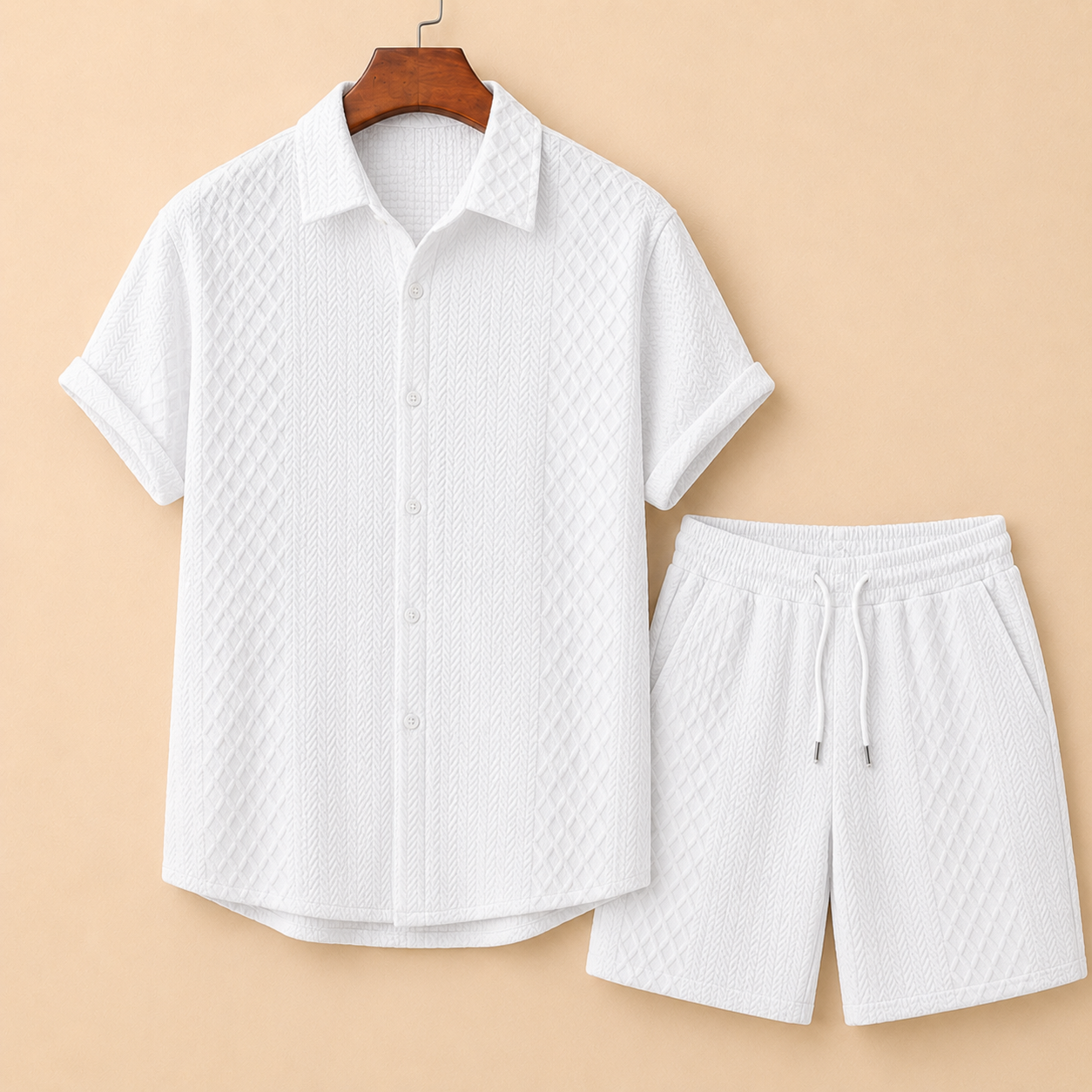 The Cassius Set - Diamond-jacquard weave shirt with matching drawstring shorts