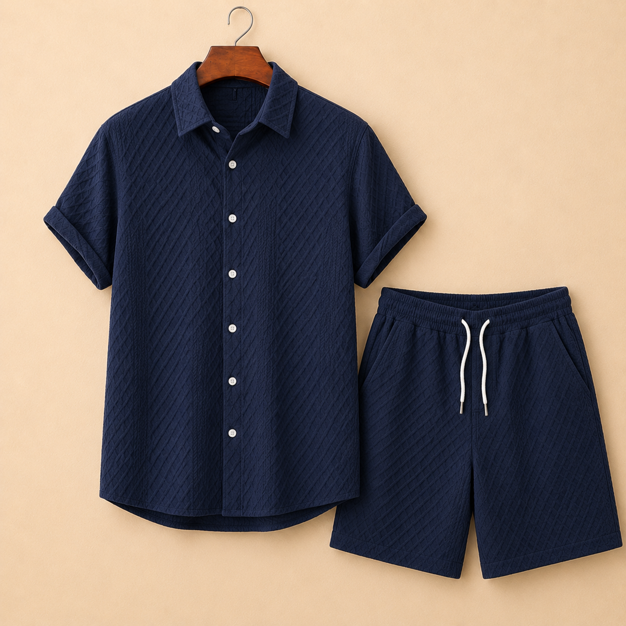 The Cassius Set - Diamond-jacquard weave shirt with matching drawstring shorts