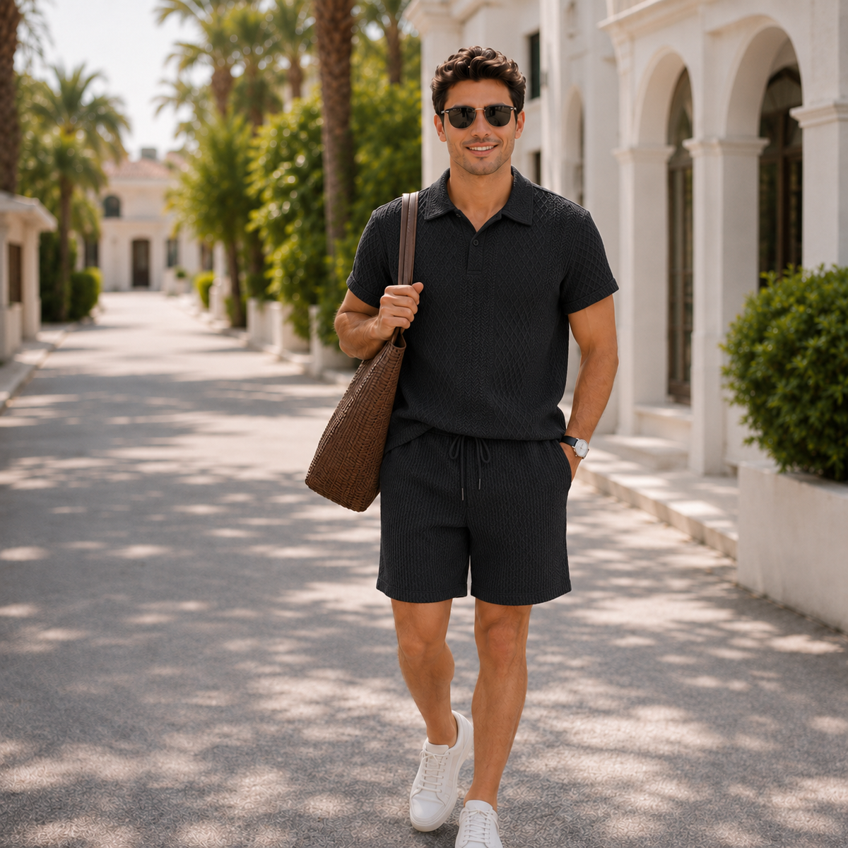 The Monaco Set - Textured jacquard polo and shorts