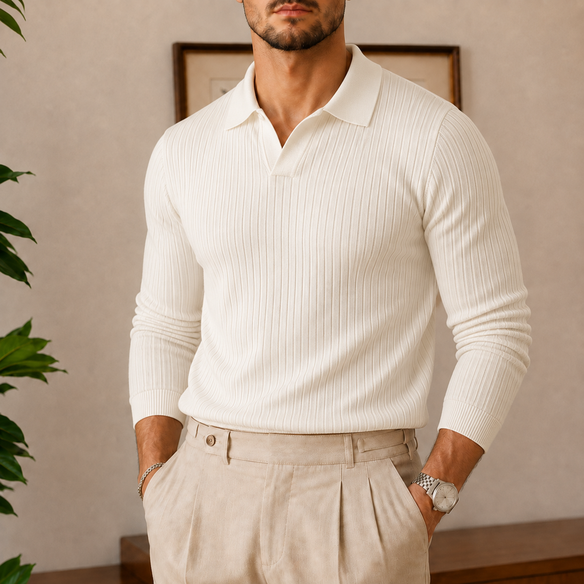 The Ambrose Long Sleeve - Fine-ribbed knit with a soft lapel collar and slim tailored fit