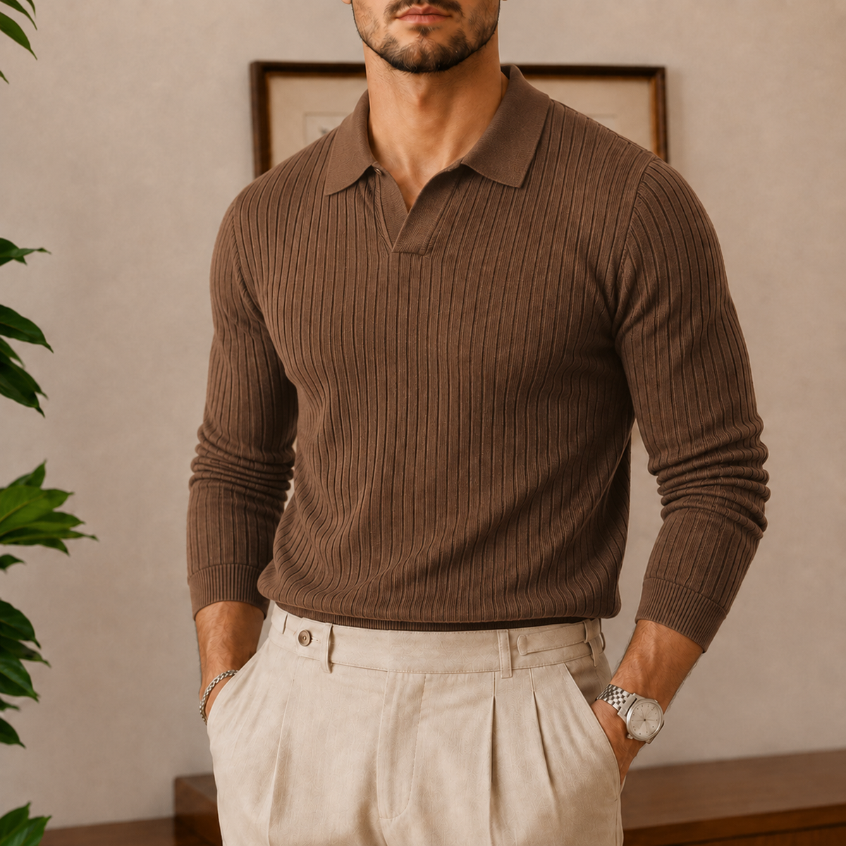 The Ambrose Long Sleeve - Fine-ribbed knit with a soft lapel collar and slim tailored fit