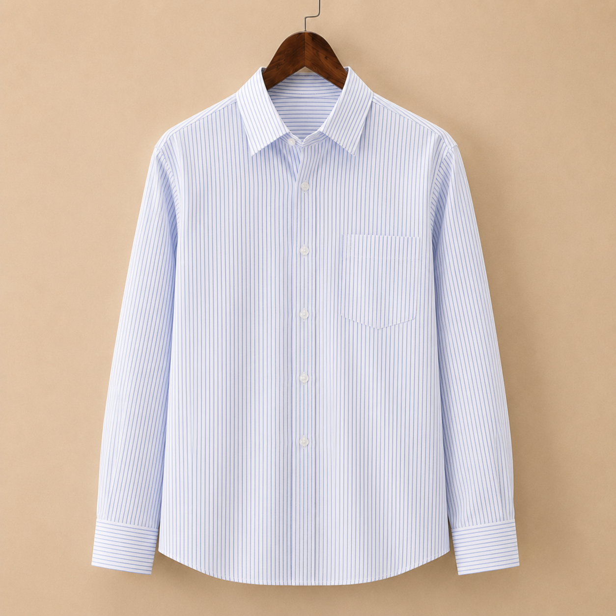 The Sterling Shirt - A tailored cotton-poly blend with a square collar and classic pinstripe pattern
