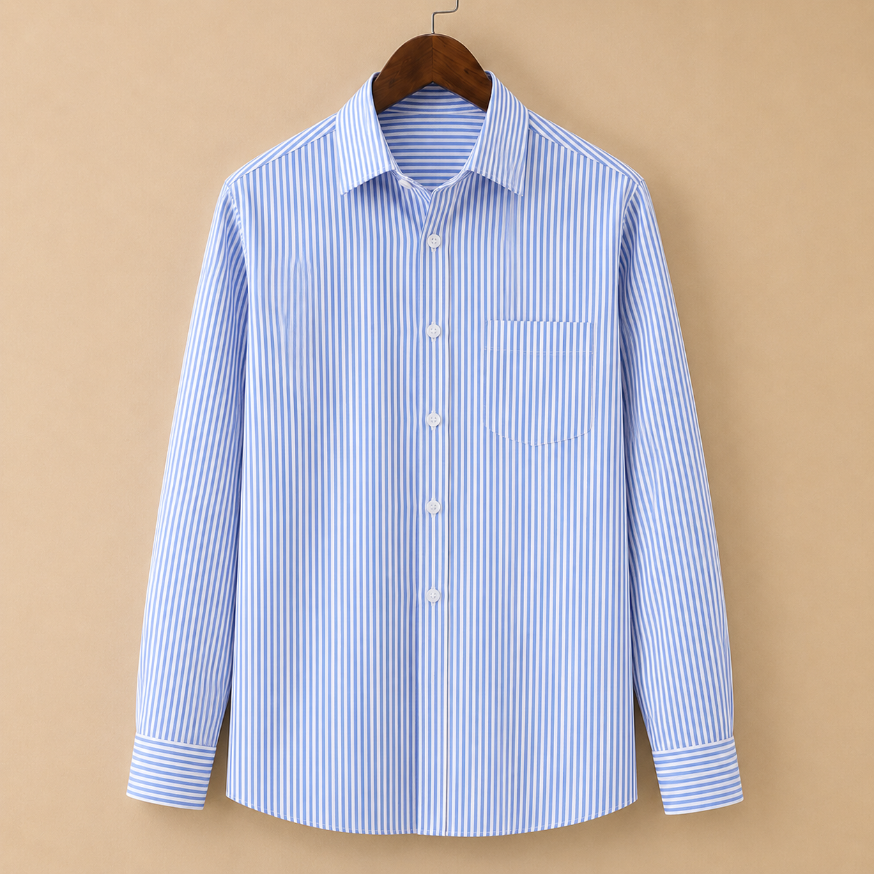 The Sterling Shirt - A tailored cotton-poly blend with a square collar and classic pinstripe pattern