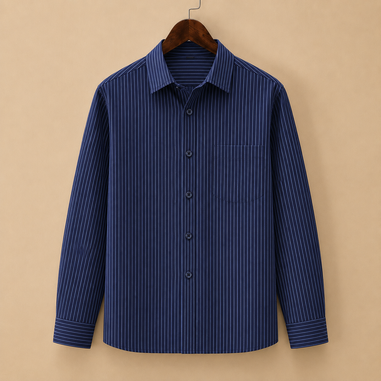 The Sterling Shirt - A tailored cotton-poly blend with a square collar and classic pinstripe pattern
