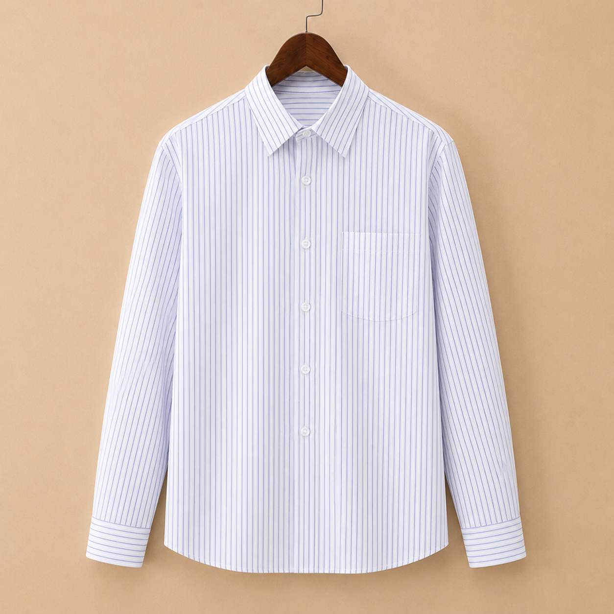 The Sterling Shirt - A tailored cotton-poly blend with a square collar and classic pinstripe pattern
