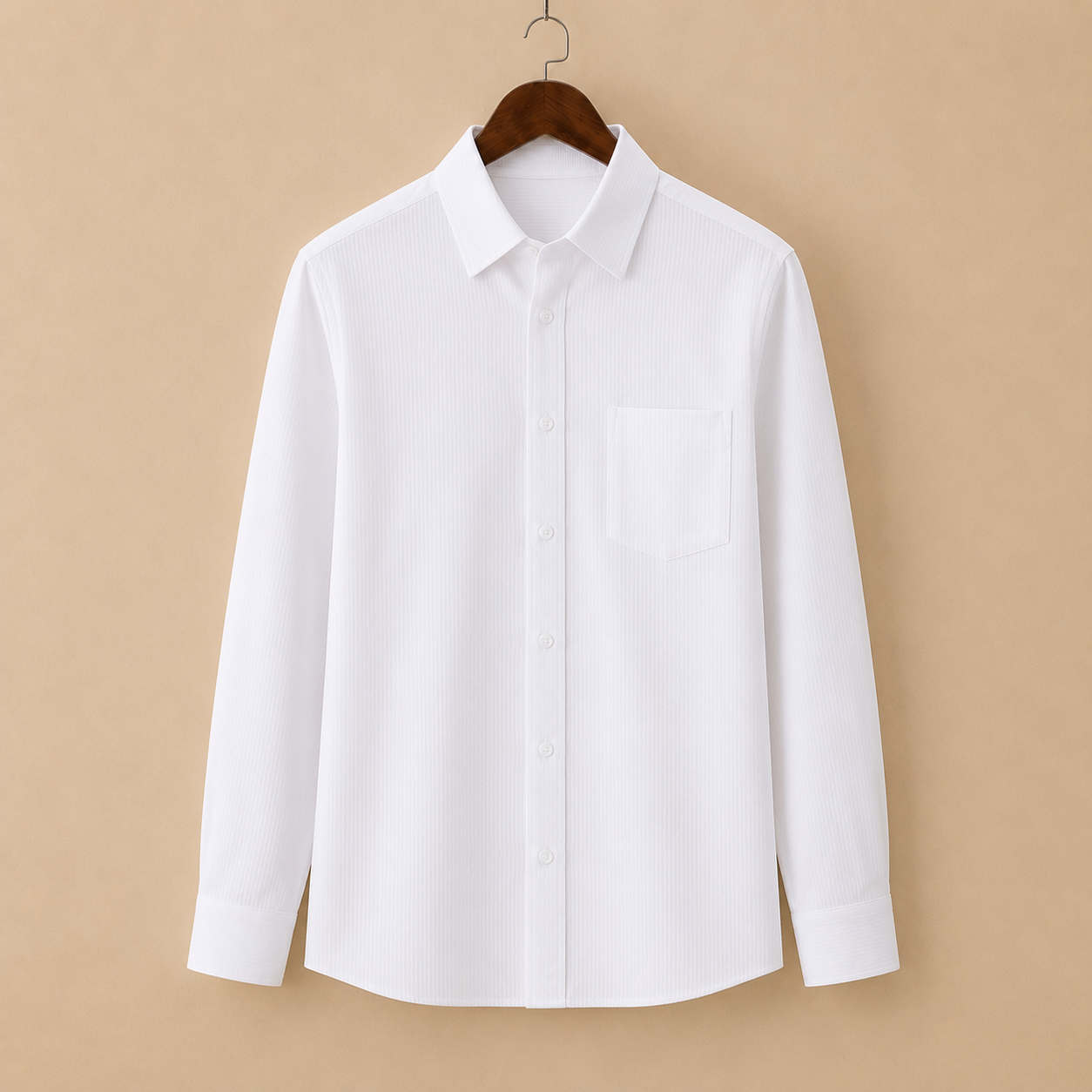 The Sterling Shirt - A tailored cotton-poly blend with a square collar and classic pinstripe pattern