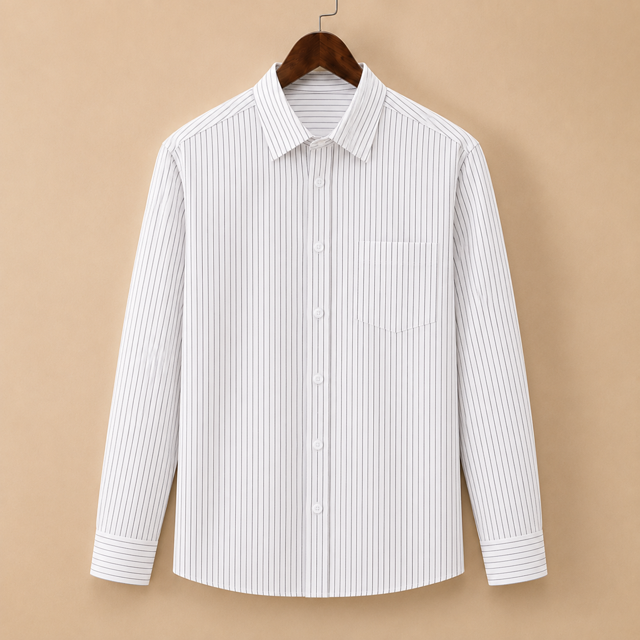 The Sterling Shirt - A tailored cotton-poly blend with a square collar and classic pinstripe pattern