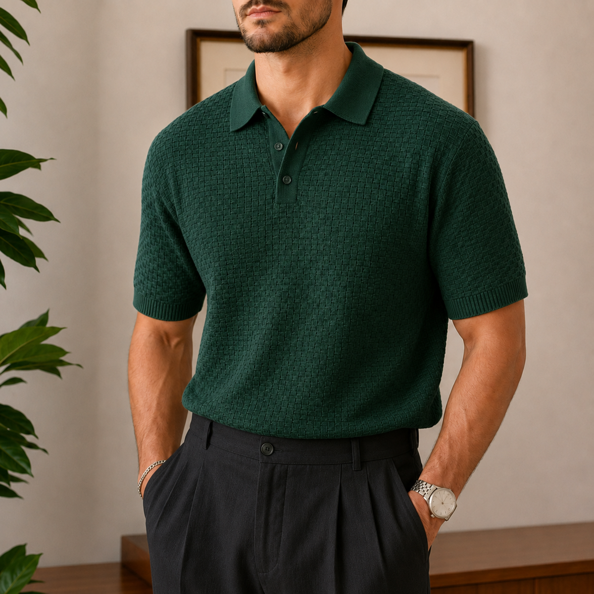 The Sutton Polo - a finely woven basketweave knit in breathable ice-silk fabric