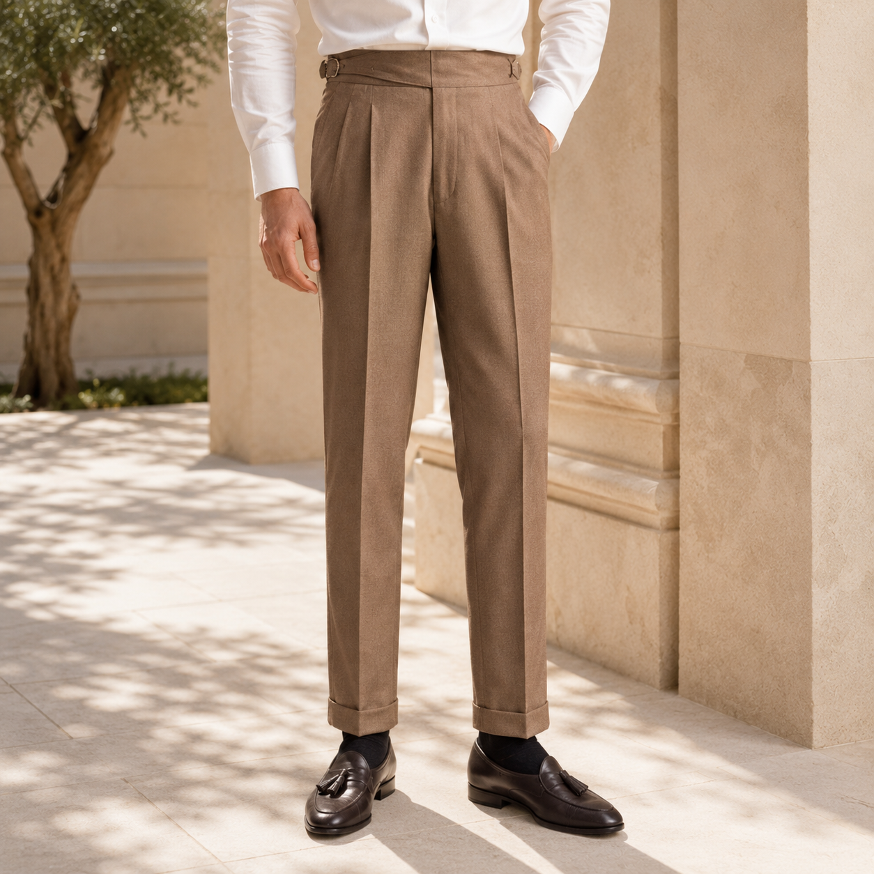 The Torino Trouser - Soft brushed-blend tailoring with a tied high waist and matching belt