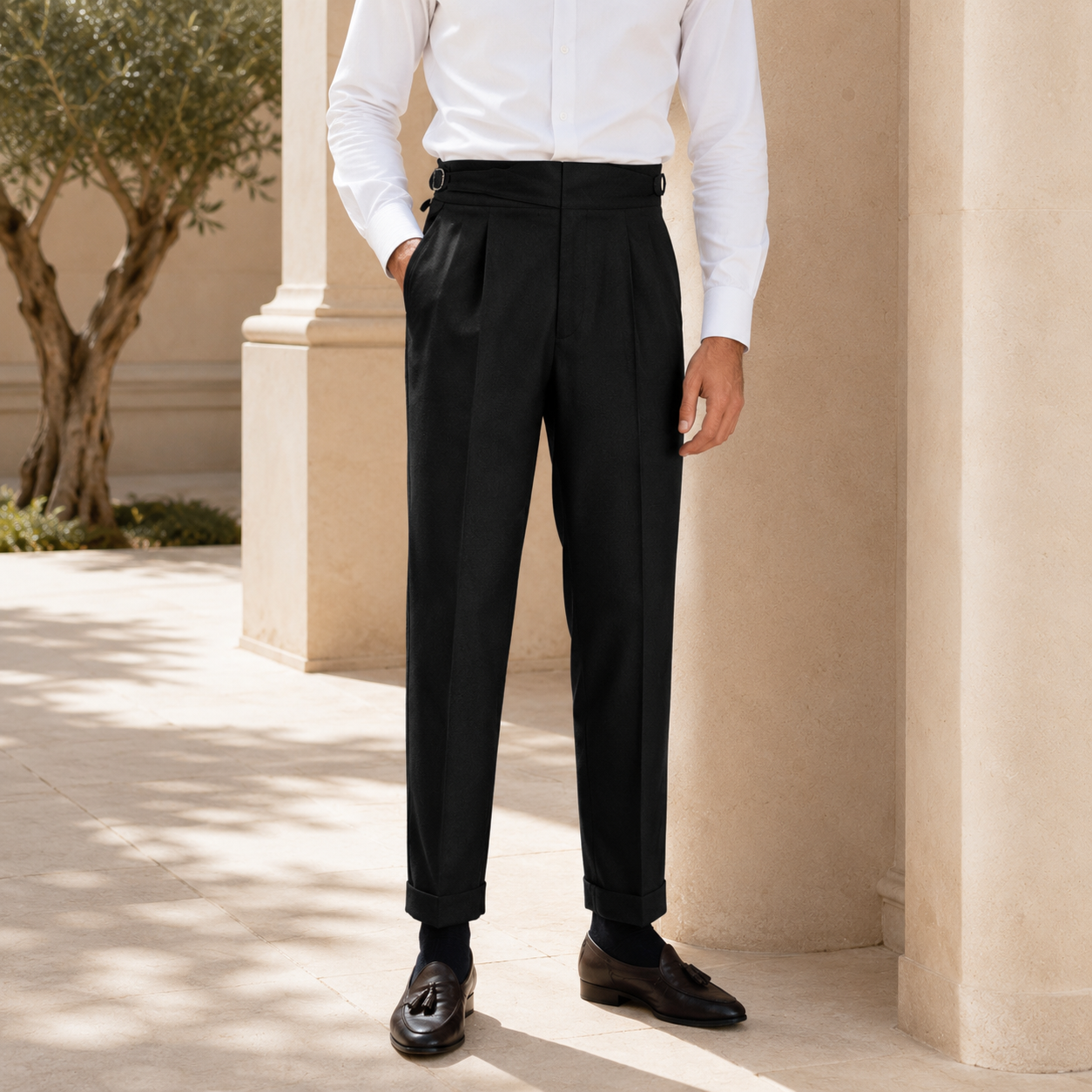 The Torino Trouser - Soft brushed-blend tailoring with a tied high waist and matching belt