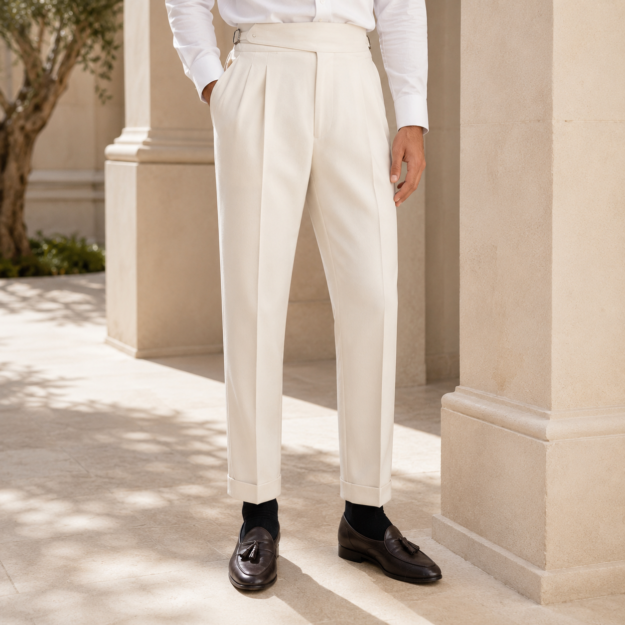 The Torino Trouser - Soft brushed-blend tailoring with a tied high waist and matching belt