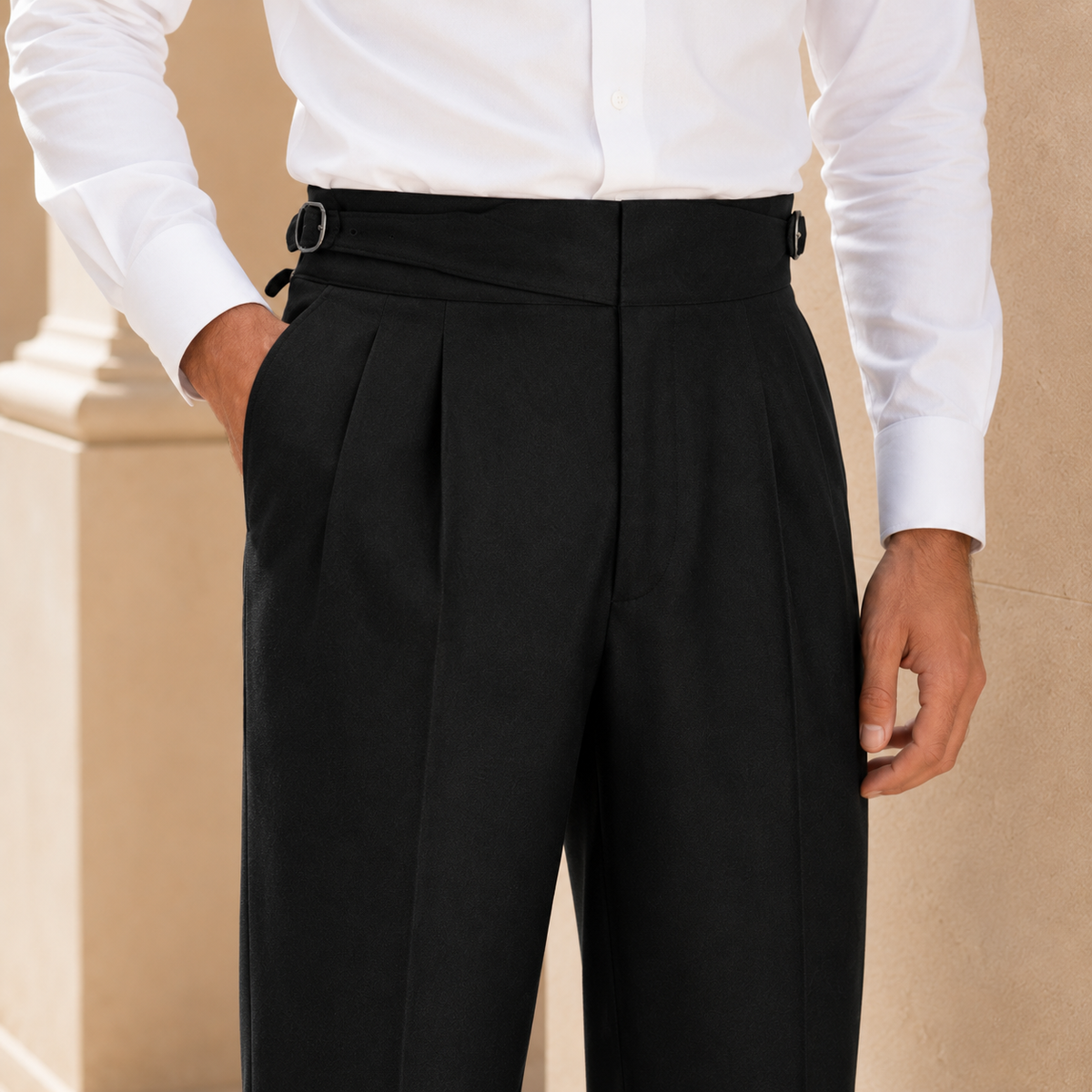 The Torino Trouser - Soft brushed-blend tailoring with a tied high waist and matching belt