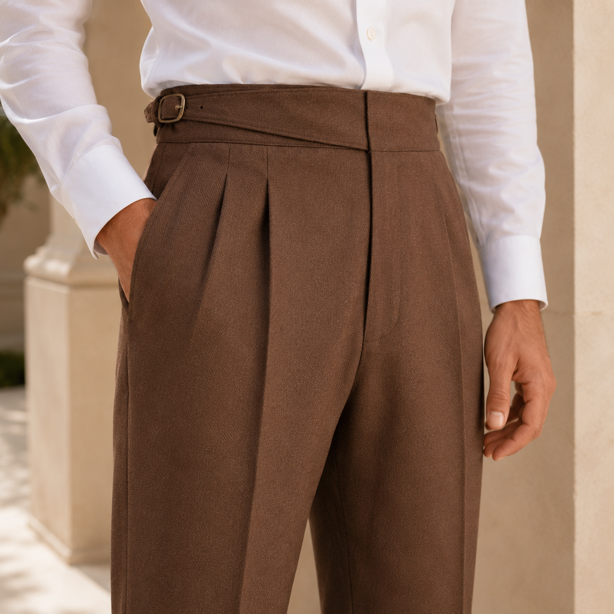 The Torino Trouser - Soft brushed-blend tailoring with a tied high waist and matching belt