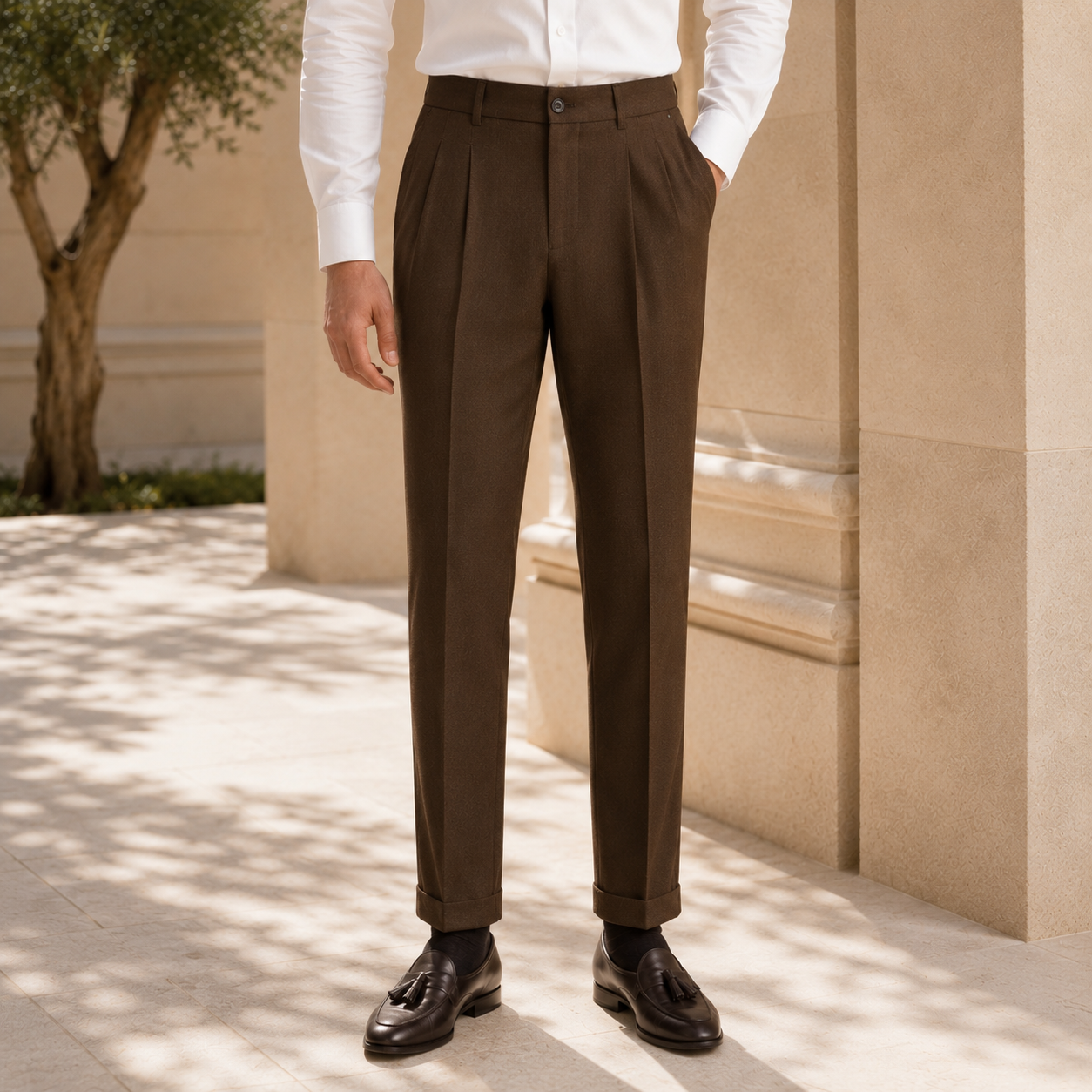 The Marseille Trouser - Slim tapered tailoring in breathable stretch weave with a clean beltless waist