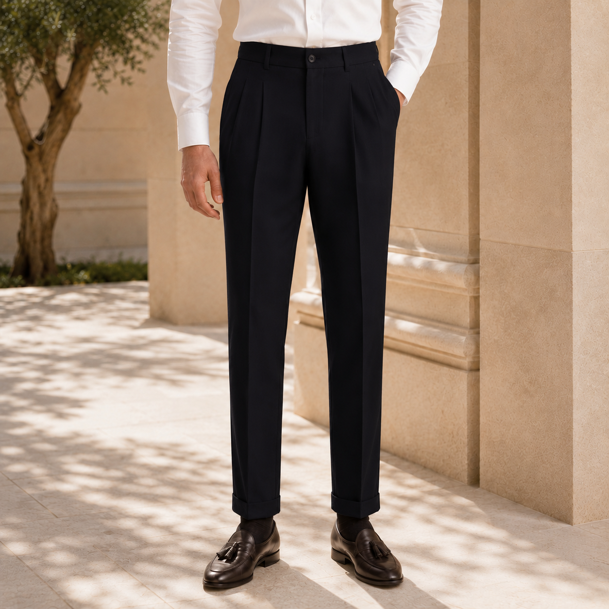The Marseille Trouser - Slim tapered tailoring in breathable stretch weave with a clean beltless waist
