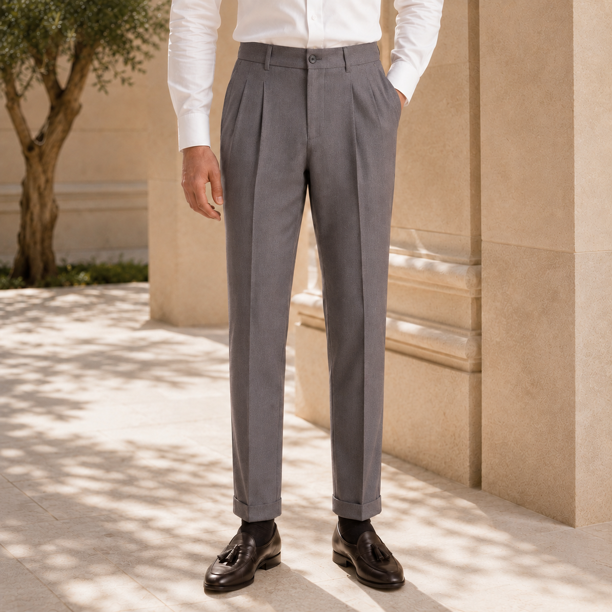 The Marseille Trouser - Slim tapered tailoring in breathable stretch weave with a clean beltless waist