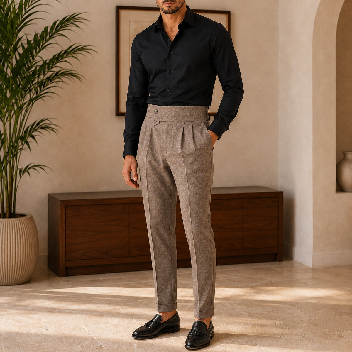 The Kensington Trouser - Herringbone wool-blend with a high waist and slim pencil line