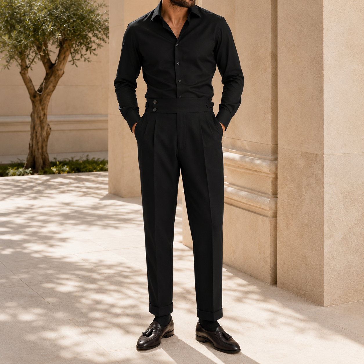 The Salerno Trouser - Draped high-waist tailoring with a cropped nine-point leg and no-iron finish