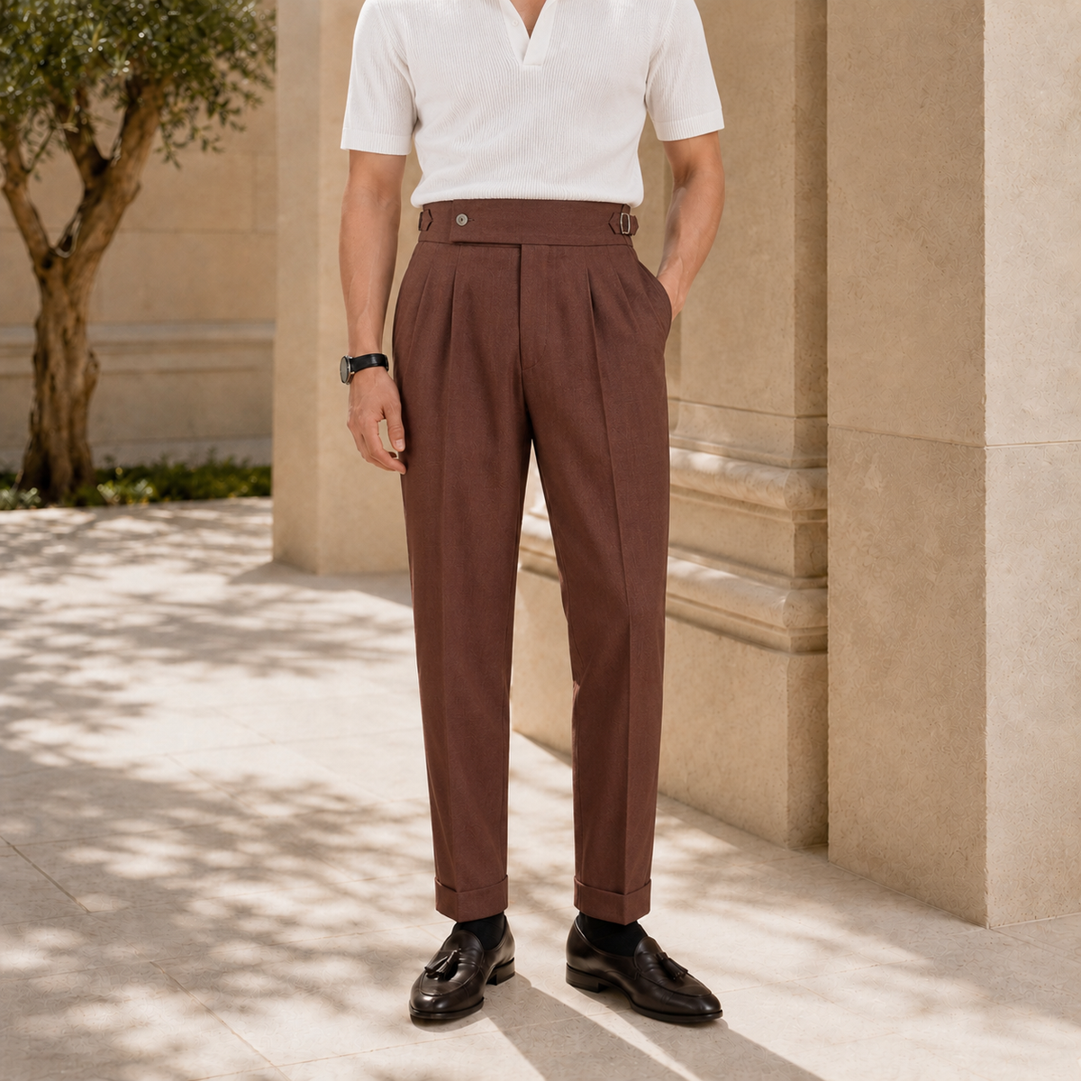 The Napoli Trouser - Neapolitan-inspired tailoring with a side-buckle waist and wrinkle-resistant finish
