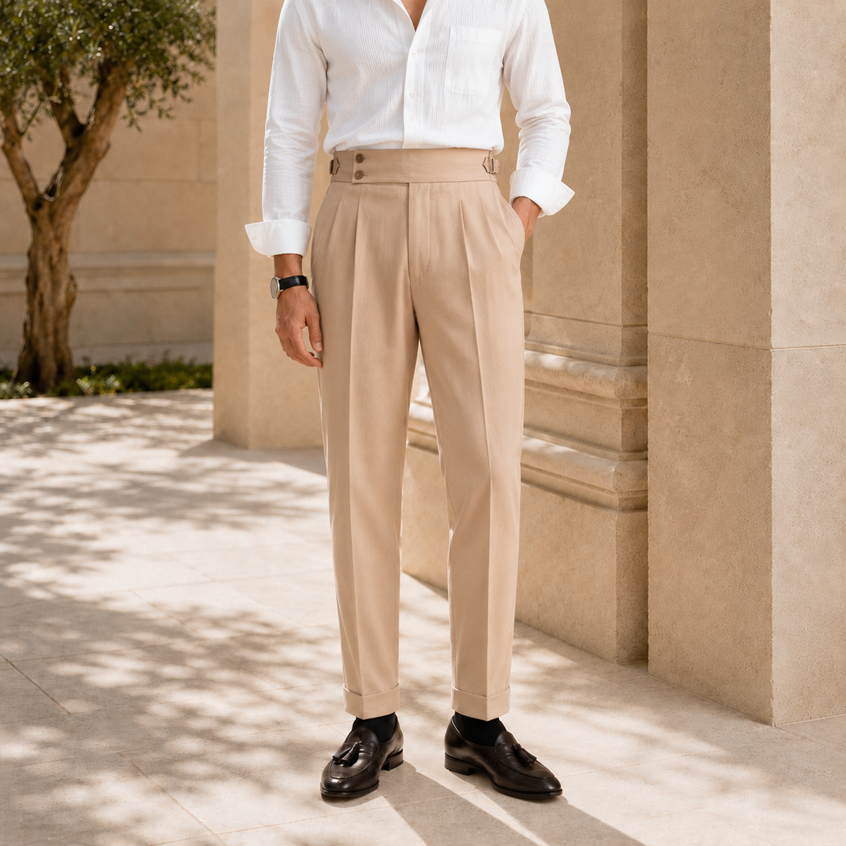 The Napoli Trouser - Neapolitan-inspired tailoring with a side-buckle waist and wrinkle-resistant finish