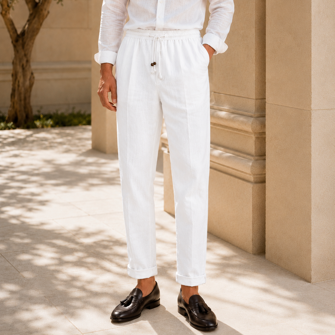 The Positano Pant - Pure Linen Drawstring Trouser, 100% linen, relaxed straight-leg fit with an easy drawstring waist