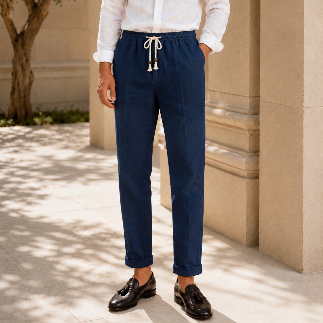 The Positano Pant - Pure Linen Drawstring Trouser, 100% linen, relaxed straight-leg fit with an easy drawstring waist