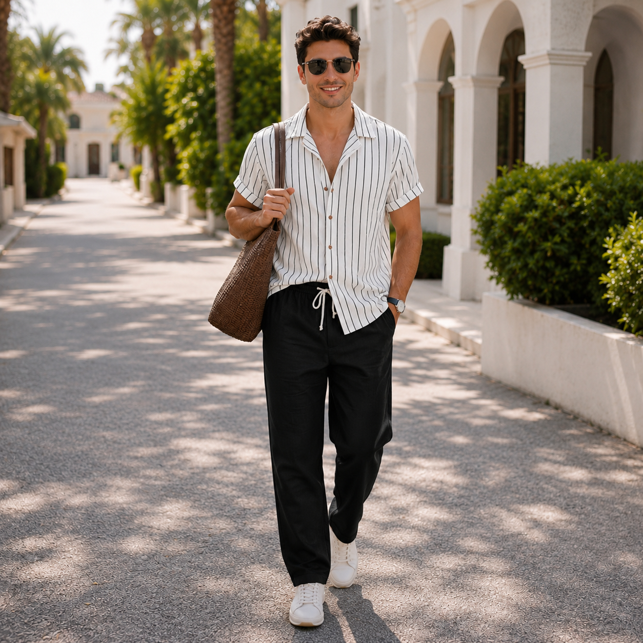The Amalfi Set - Striped bamboo-blend shirt with matching drawstring trousers