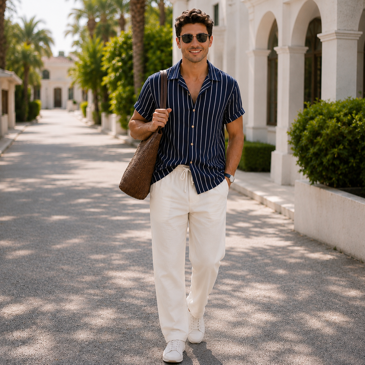 The Amalfi Set - Striped bamboo-blend shirt with matching drawstring trousers