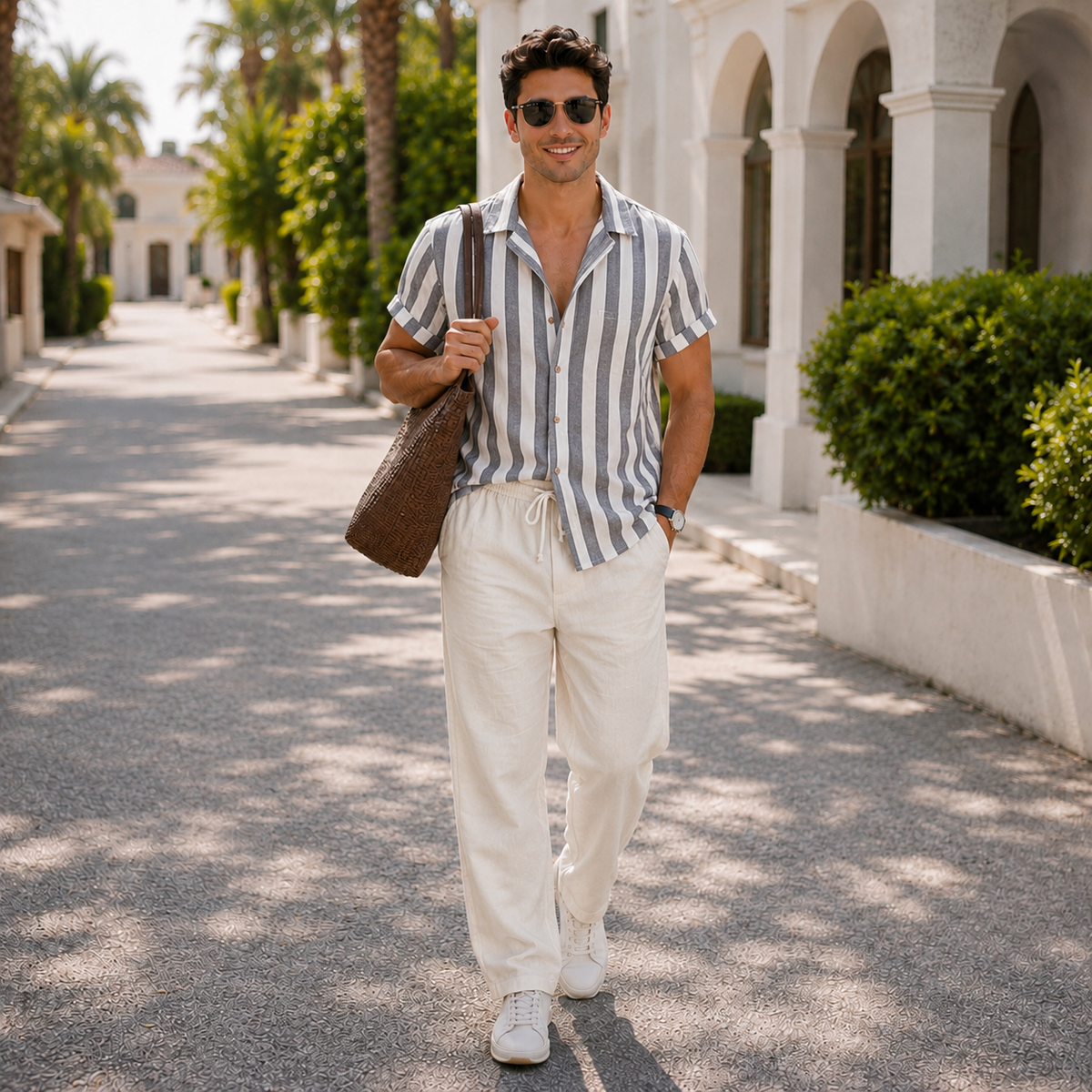 The Amalfi Set - Striped bamboo-blend shirt with matching drawstring trousers