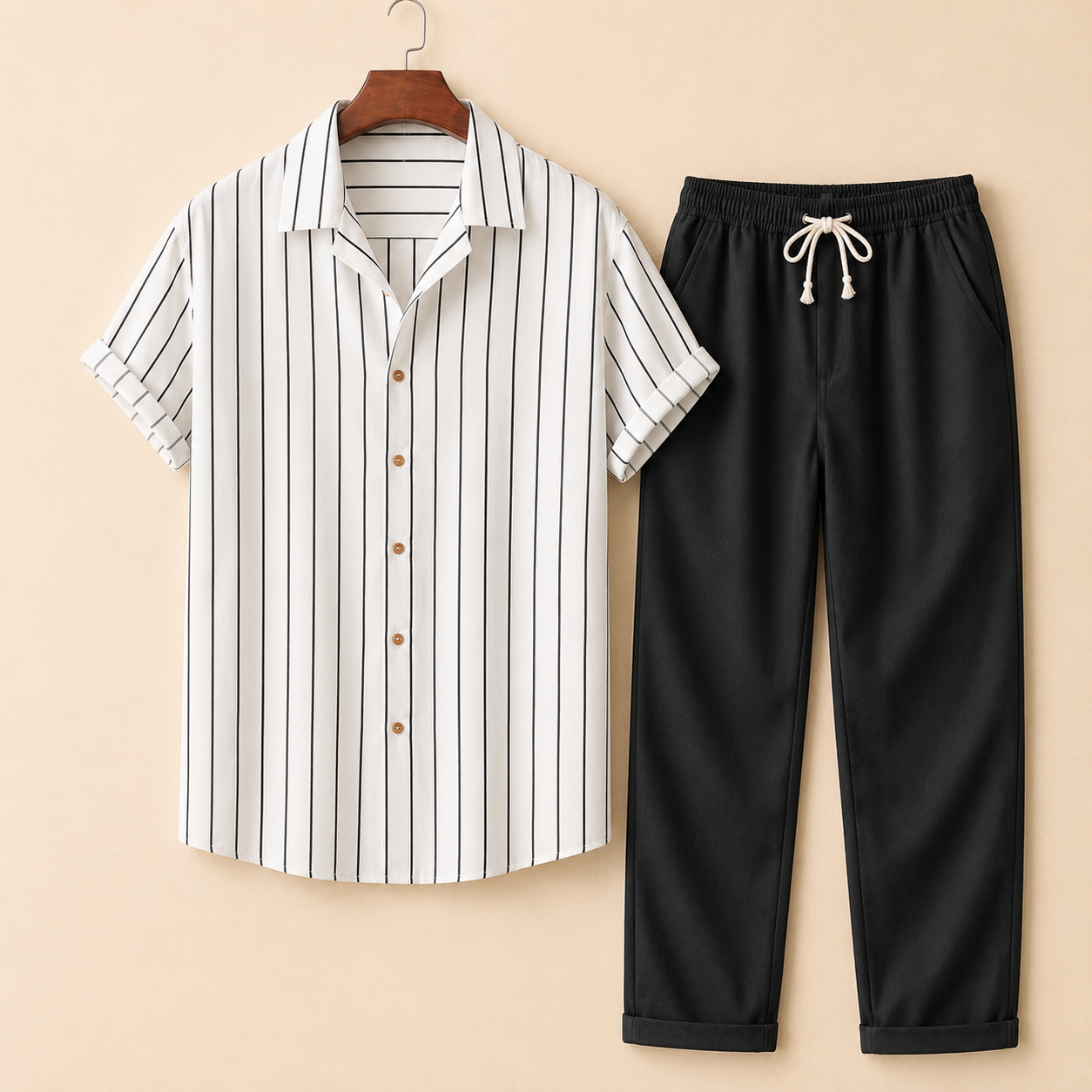 The Amalfi Set - Striped bamboo-blend shirt with matching drawstring trousers