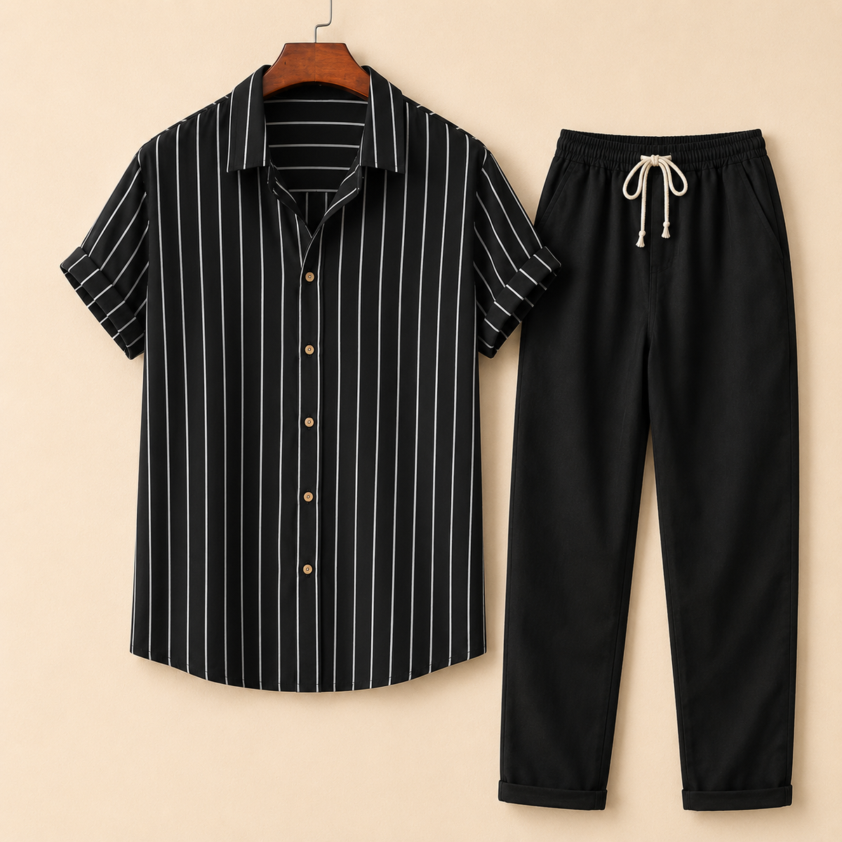 The Amalfi Set - Striped bamboo-blend shirt with matching drawstring trousers