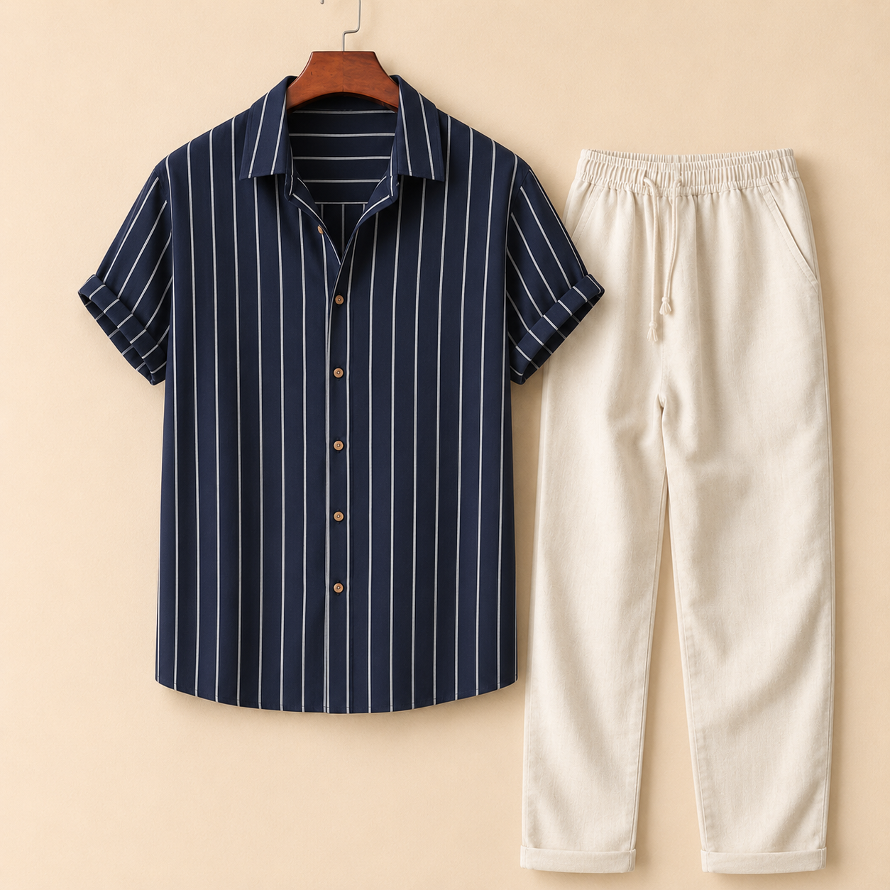 The Amalfi Set - Striped bamboo-blend shirt with matching drawstring trousers