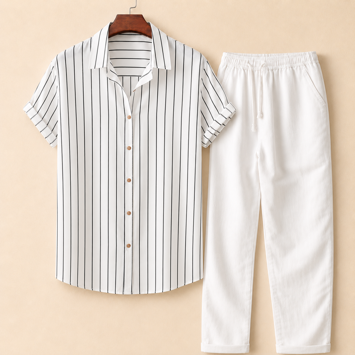 The Amalfi Set - Striped bamboo-blend shirt with matching drawstring trousers