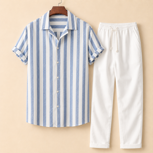 The Amalfi Set - Striped bamboo-blend shirt with matching drawstring trousers