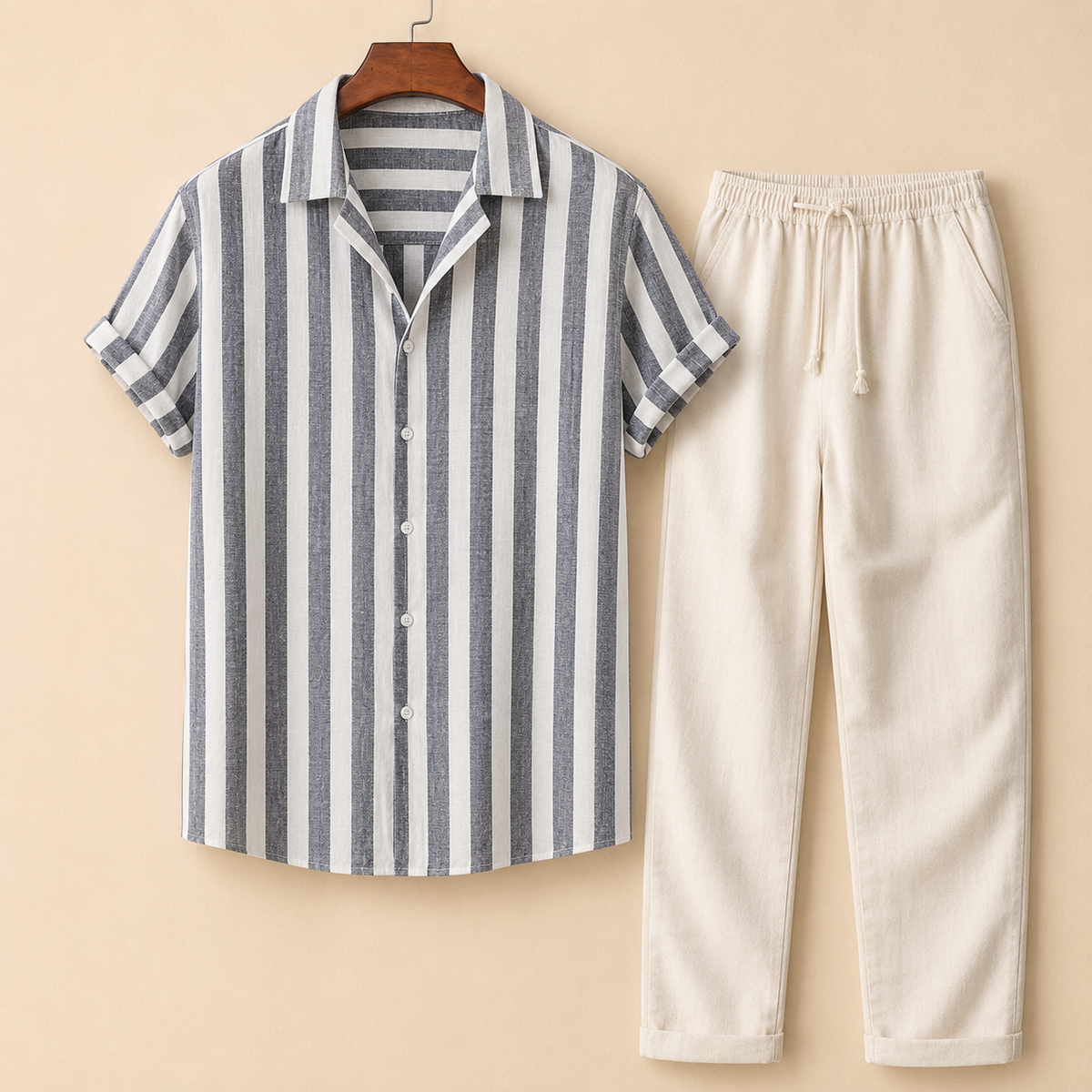 The Amalfi Set - Striped bamboo-blend shirt with matching drawstring trousers